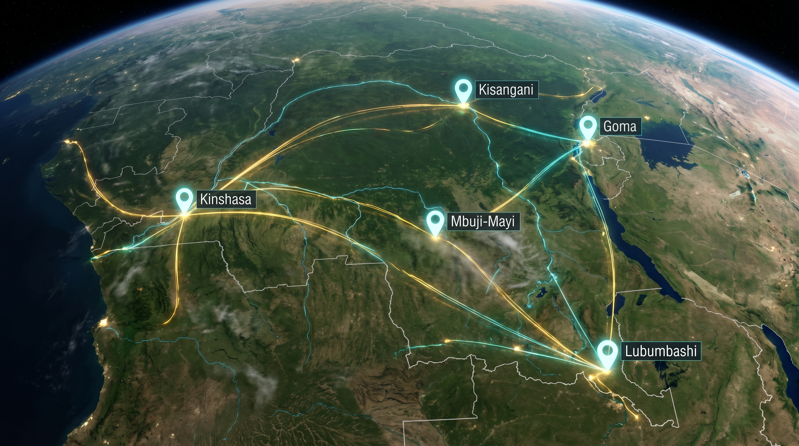 Satellite view of DRC with mapping pins