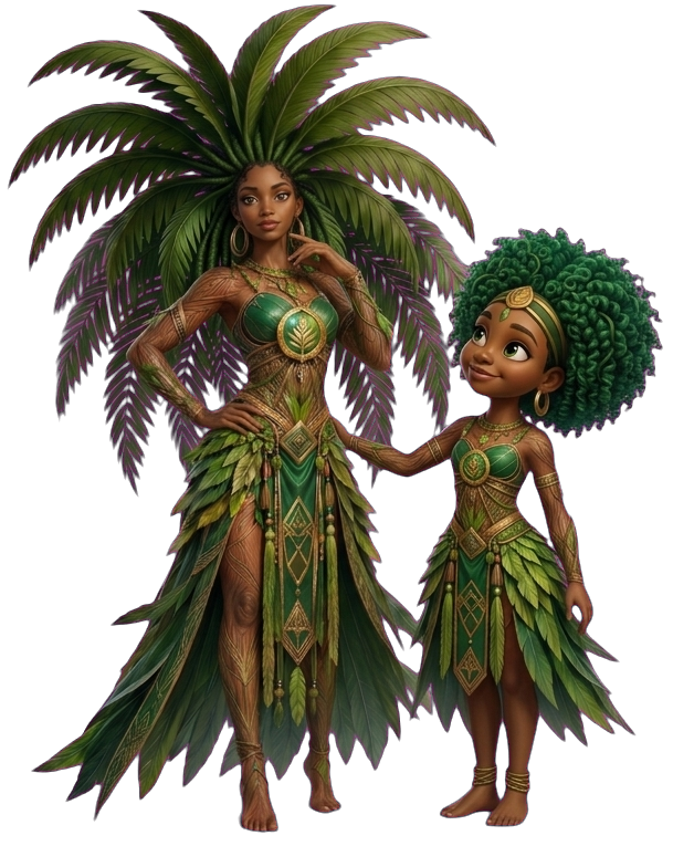 Mama Mabele & Zola — Palm Leaf Partners mascots, mother and daughter