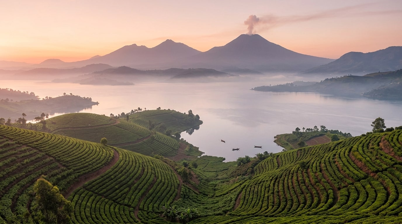 Pixar-style concept art of the Kivu highlands at dawn — terraced coffee and tea hills cascading toward Lake Kivu, volcanic peaks (Virunga / Nyiragongo) on the horizon.