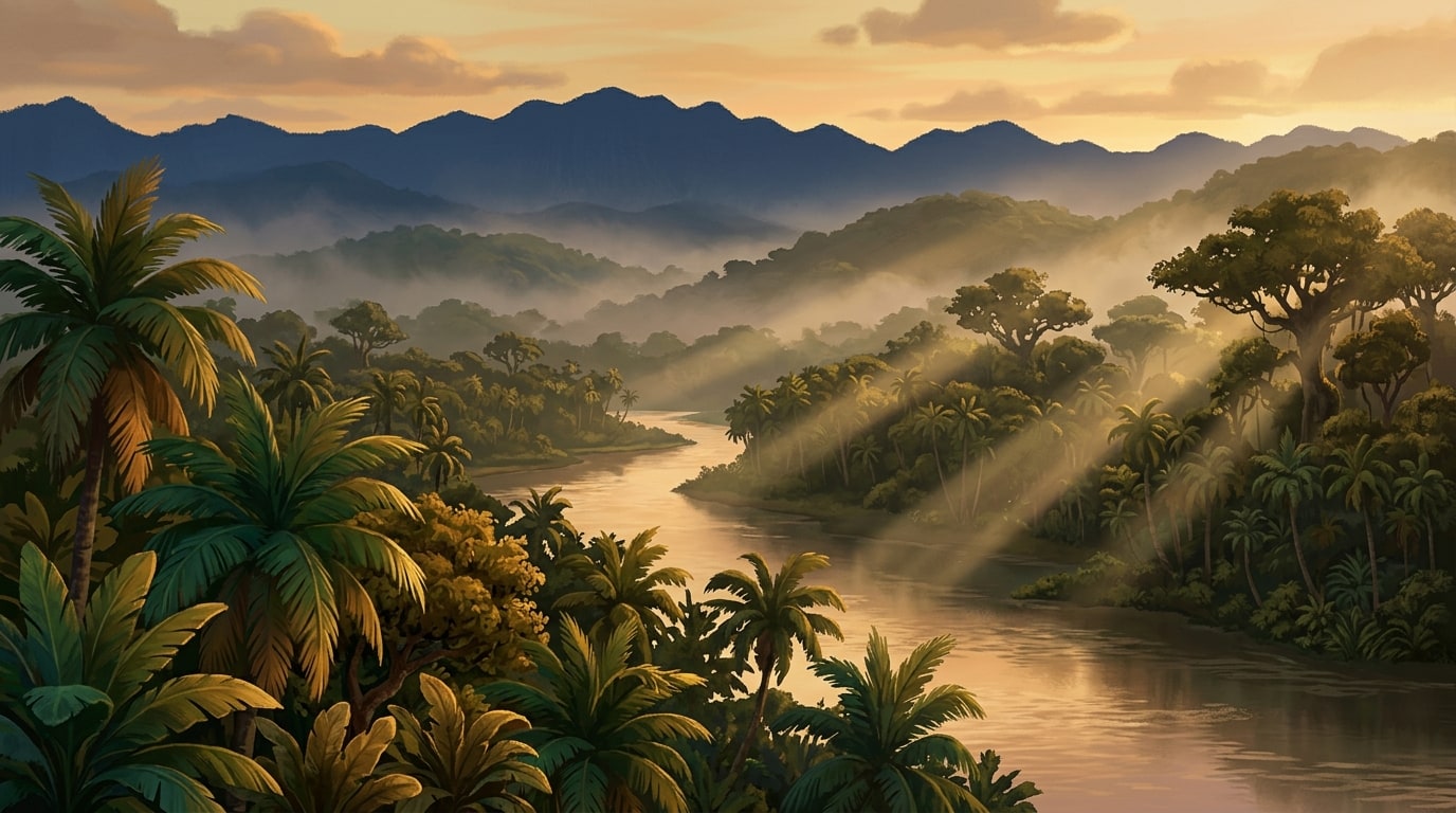 Pixar-style concept art of the Congo Basin rainforest at golden hour — river winding through dense palm canopy, misty hills, distant mountains.