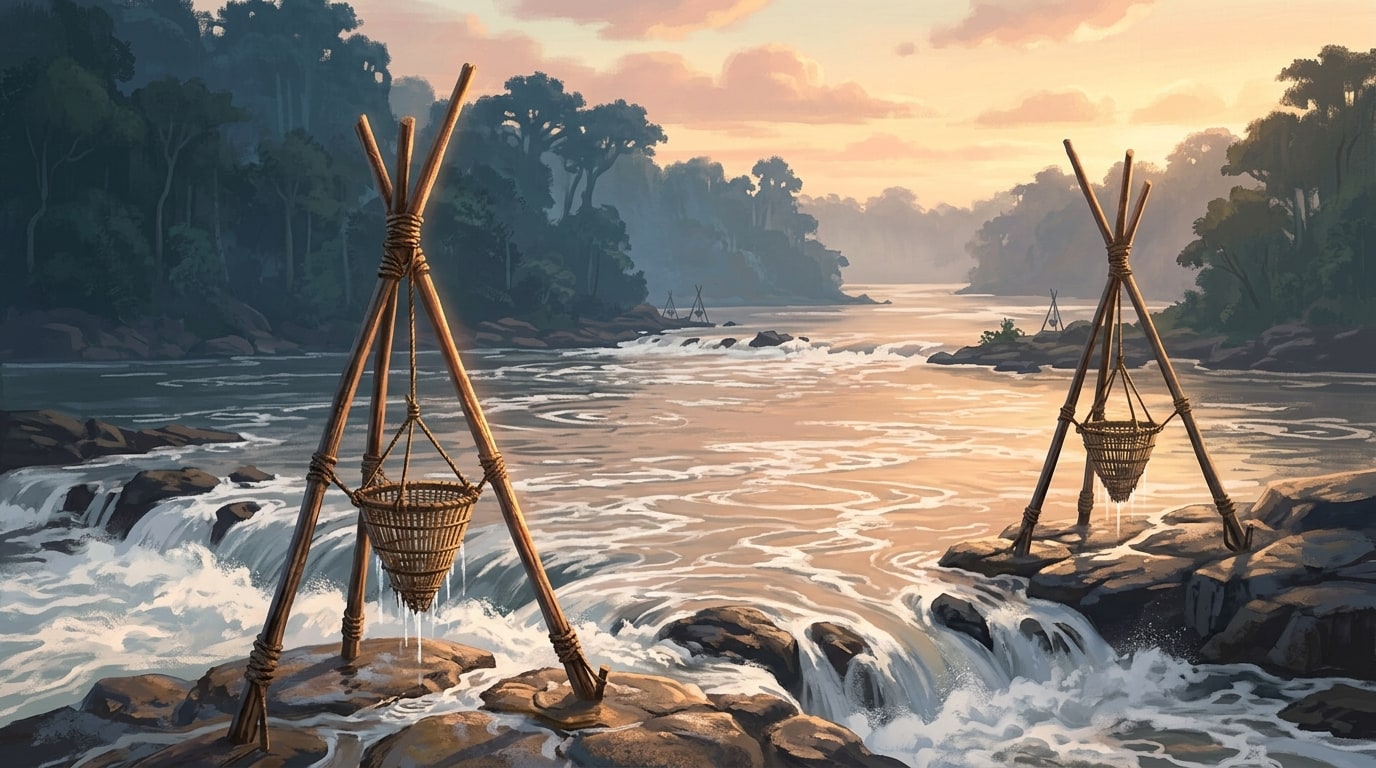 Pixar-style concept art of the Congo River at dawn near Boyoma Falls — wide gold river with rocky outcrops, traditional Wagenia fish traps in the channel, misty forested banks.