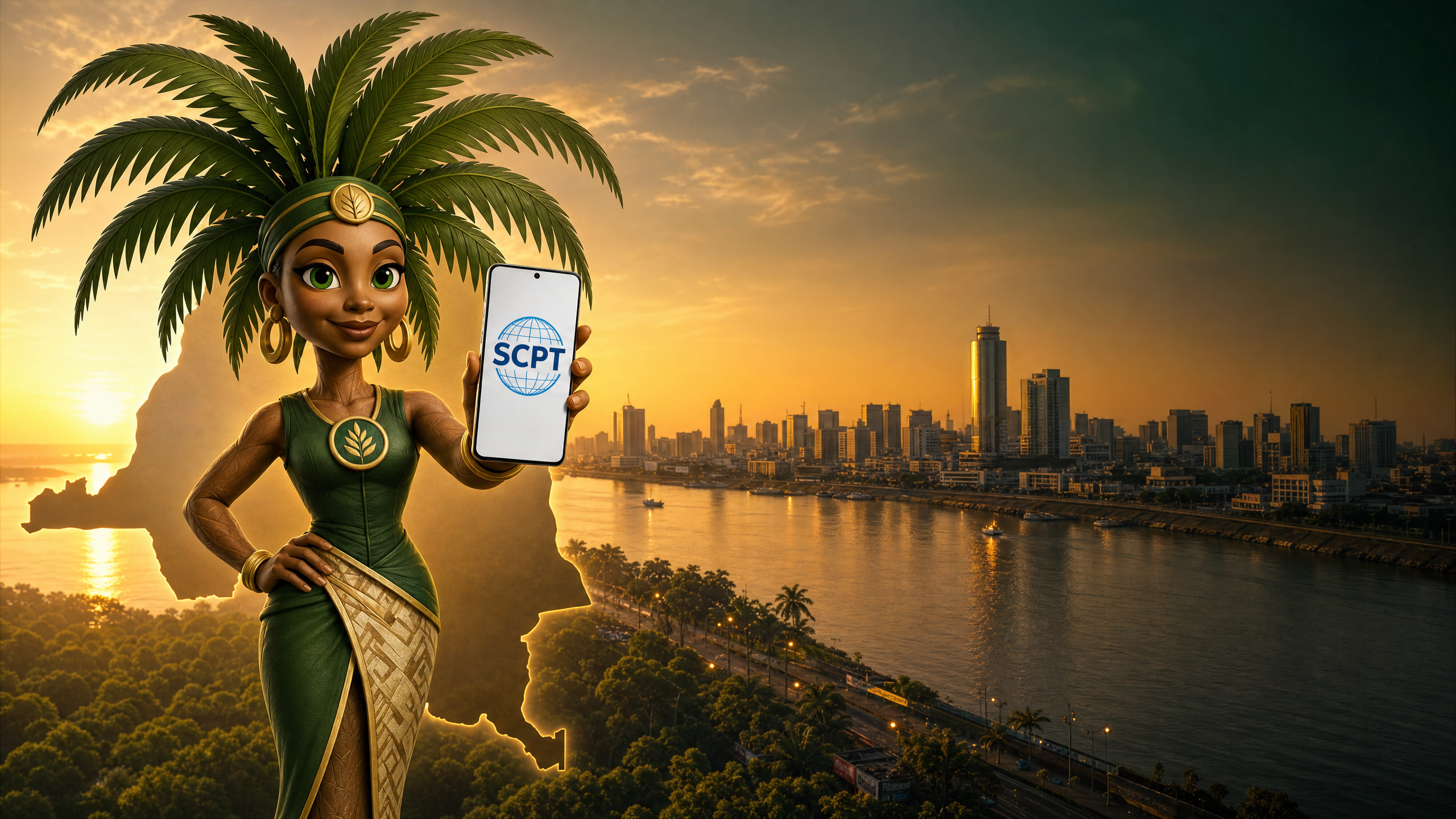 Zola holding a smartphone with SCPT Mobile branding over Kinshasa
