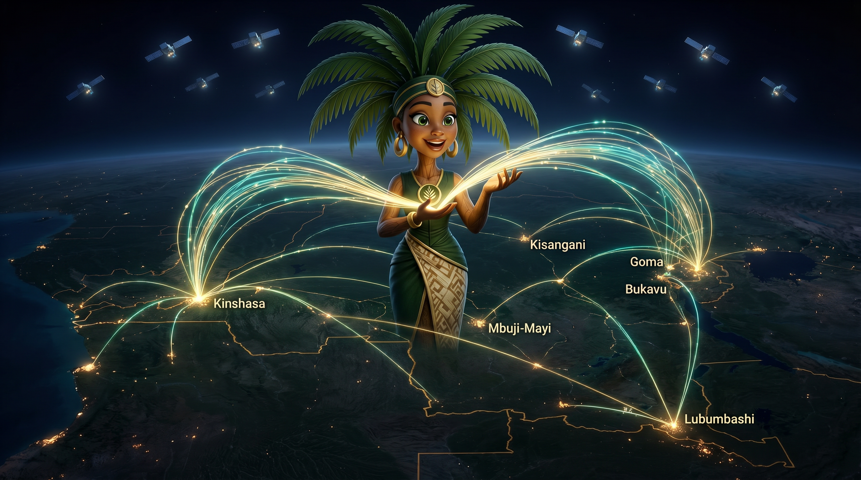 Zola holding glowing fiber strands over the DRC at night