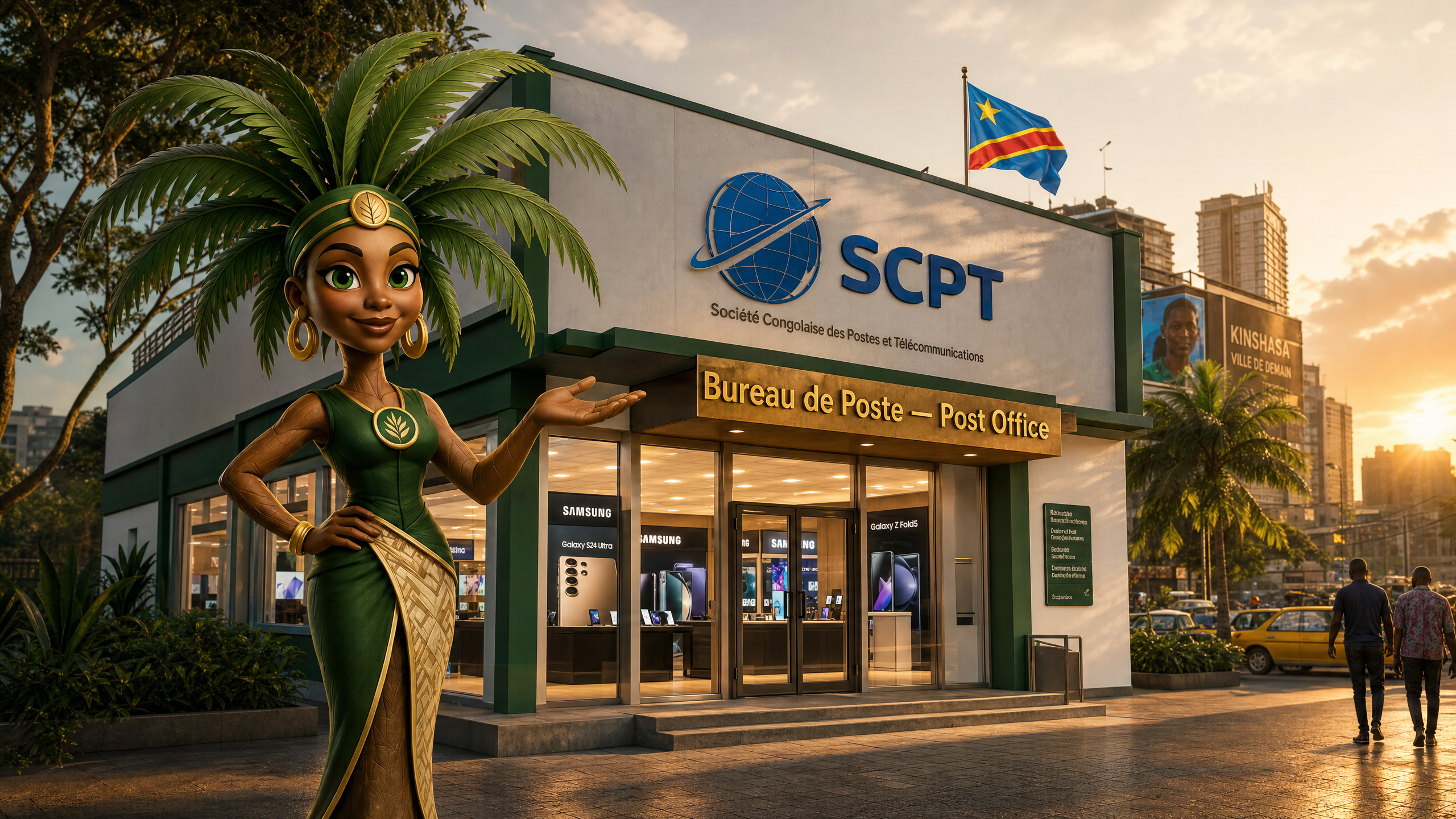Zola in front of a modern SCPT post office cellular store in the DRC